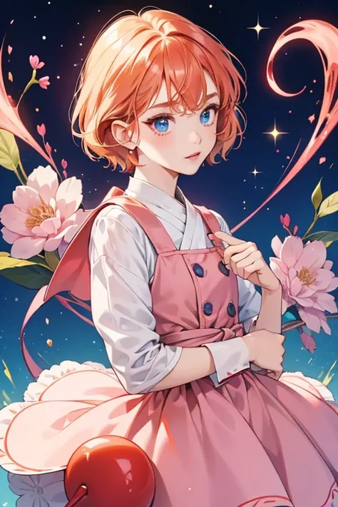 Arekkusu Garushiatchi resembles a young human girl with short ginger hair in a wavy cut, blue eyes small eyebrows and a small L shaped nose. Her face is a pale pink with red cheeks. She is wearing a kindergarten outfit, SPARKLE; GLITTER