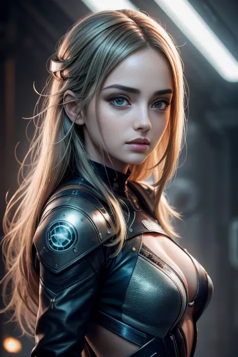 {Ana de Armas} olhos verdes, olhos altamente detalhado e brilhante, cabelos castanhos rabo de cavalo com franja, imagem altamente detalhada, alta qualidade, 16K, estilo cyberpunk.