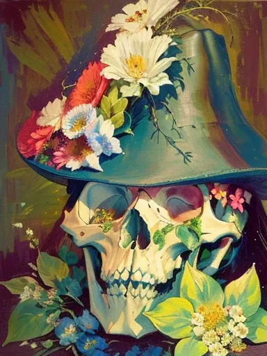 painting of a skull wearing a hat with flowers on it, inspired by Otto Dix, flower shaman, inspired by Yoshitoshi ABe, inspired by Giuseppe Arcimboldo, art deco flower shaman, portrait painting of skeletor, inspired by Arcimboldo, inspired by Howard Pyle, ...