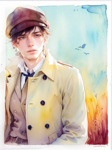 painting of a man in a yellow coat and hat with a bird on his shoulder, color portrait, rich aquarel, inspired by Henriette Wyeth, painterly illustration, watercolor sketch, delicate androgynous prince, watercolor colored painting, a watercolor painting, m...