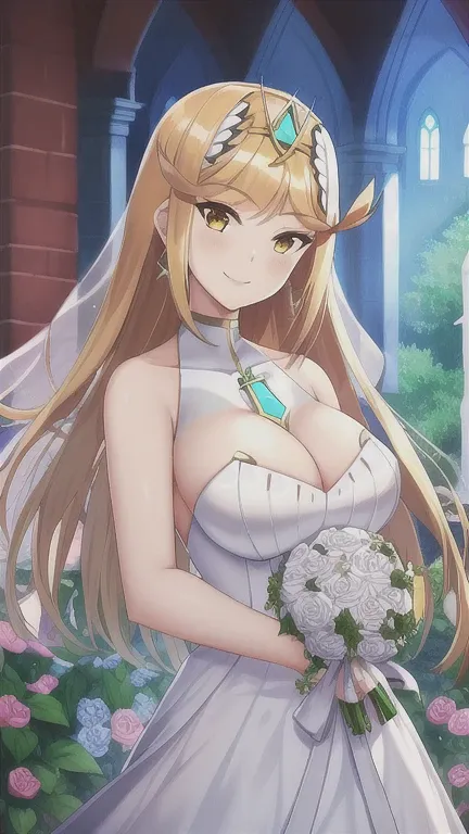 Mythra, 1girl, solo, long_hair, breasts, looking_at_viewer, smile, bangs, blonde_hair, large_breasts, yellow_eyes, white_dress, wedding, wedding_dress, church, holding_flowers, upper_body