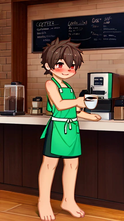 1boy, coffee, coffee shop, barista, coffee shop apron, green apron, shorts, shirtless, blush, barefoot