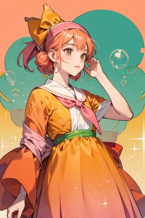 Awawatchi has a round face with pink cheeks and wears an orange dress with green pockets at the front. Her hair is comprised of bubbles, tied together with a red bandanna. SPARKLE; GLITTER