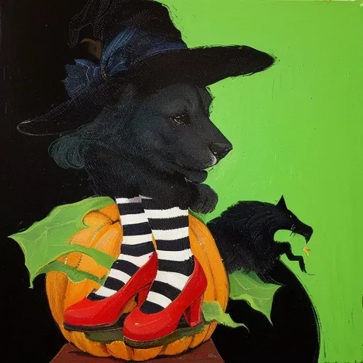 painting of a witch with a hat and striped socks sitting on a pumpkin, inspired by Bernd Fasching, wicked witch of the west, inspired by Dorothy Hood, fantasy acrylic on canvas, inspired by D. Howard Hitchcock, inspired by Chica Macnab, inspired by Władysł...