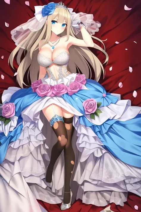 ((masterpiece)), (((best quality))), ((ultra-detailed)), ((illustration)), ((disheveled hair)), ((frills)), (1 girl), (solo)，1girl，alternative costume, blonde hair, blue eyes, blue flower, blue rose, blush, bouquet, breasts, bridal veil, bug, butterfly, ch...