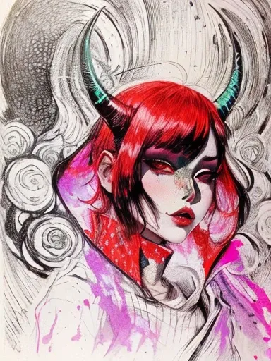 drawing of a woman with horns and a red dress, with horns, girl design lush horns, inspired by Tadanori Yokoo, portrait of demon girl, inspired by Tsukioka Yoshitoshi, inspired by Junji Ito, demon girl, horns and red eyes, colored screentone, art style of ...