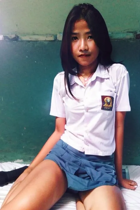 Indonesian girl wearing skirt, sitting, visible panties