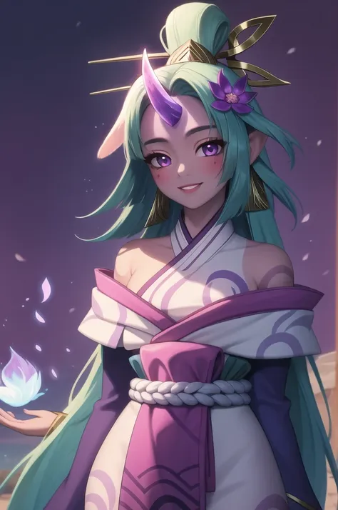 (masterpiece, best quality:1.2), intricate details, spirit blossom soraka, 1girl, purple skin, colored skin, single horn, kimono...