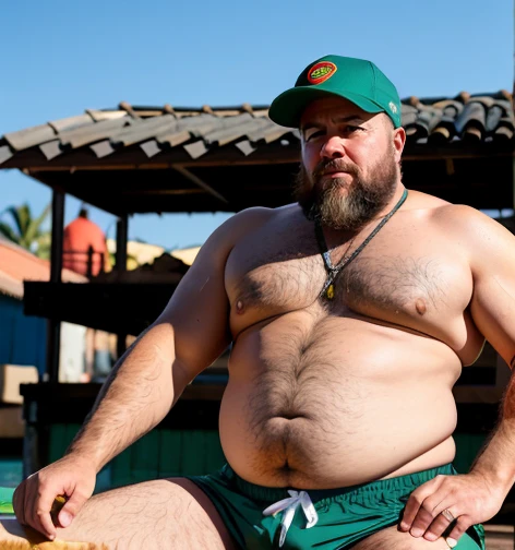 plump, chubby, extremely thick thighs, large belly, wearing only green swim trunks..muito barbudo. 56 anos.apana 1 umbigo. Barriga detalhada. wearing cap. Homem barbudo gordo e sexy de 50 anos,cheio de suor,corpo todo,barriga grande, barba branca, fios bra...