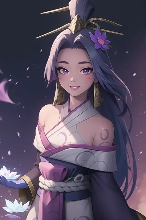 (masterpiece, best quality:1.2), intricate details, spirit blossom soraka, 1girl, purple skin, colored skin, single horn, kimono...