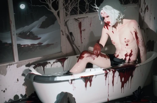 painting of a man sitting in a bathtub with blood on his face, bleeding in the bath, standing in a pool of blood, cold scene, desolate. digital illustration, fanart, sink, [ digital art ]!!, nightmarish illustration, digital painting”, inspired by Jens Fer...