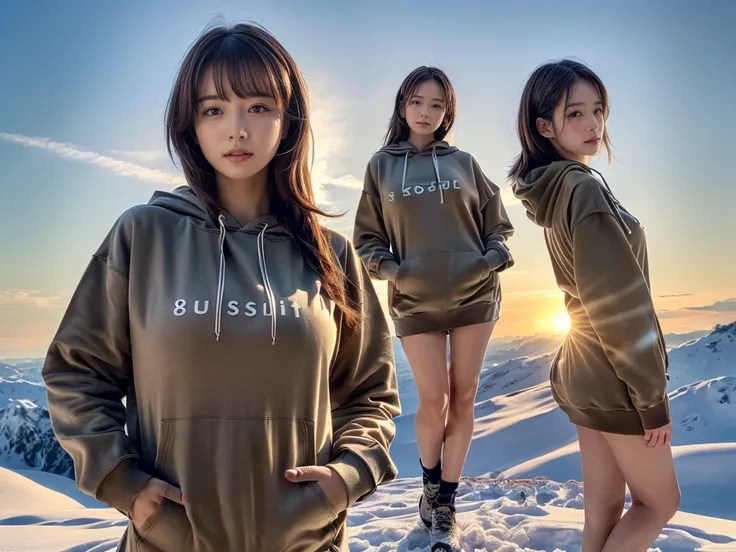 ((top-quality、8K、​masterpiece:1.3))、1girl in、Beautiful woman standing on snowy mountain:1.3、(brown long-haired、Colossal tits:1.4)、(Big Silhouette M51 Field Hoodie:1.5)、Super delicate face、Delicat eyes、double eyelid、Close-up of upper body from below、Sunset、