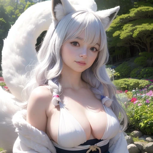 (best quality,4k,8k,highres,masterpiece:1.2),ultra-detailed,(realistic,photorealistic,photo-realistic:1.37),cute,solo girl with white  long wavy hair,blue eyes,fox ears,fluffy fox tail,wearing traditional Japanese  clothing, summer time in Japan,beautiful ...