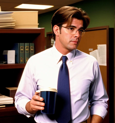 A photo of a desk with a stack of TPS reports and a red stapler,Office Space movie,Lumbergh is typically seen in a business-casual attire, sporting a white collared shirt, suspenders, and off-color tie. His hair is neatly combed back, and he is almost alwa...