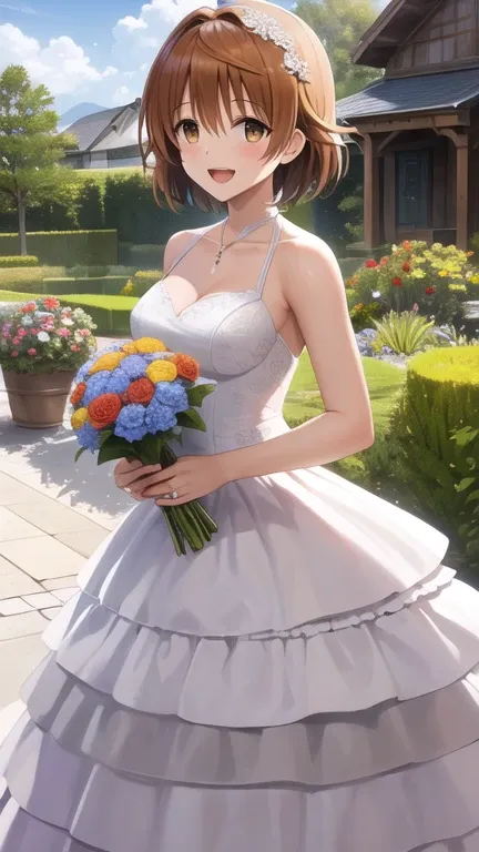 masterpiece, best quality, highres, yuusaki riko, short hair, brown eyes, wedding dress, garden, holding bouquet, smile, open mo...