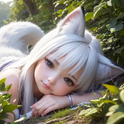 (best quality,4k,8k,highres,masterpiece:1.2),ultra-detailed,(realistic,photorealistic,photo-realistic:1.37),cute,solo girl with white  long wavy hair,blue eyes,fox ears,fluffy fox tail,wearing traditional Japanese  clothing, summer time in Japan,beautiful ...