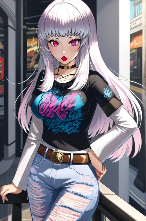 (masterpiece:1.2), best quality, high resolution, 1girl, solo, lysithea, white hair, pink eyes, 1girl, solo, black t-shirt, whit...