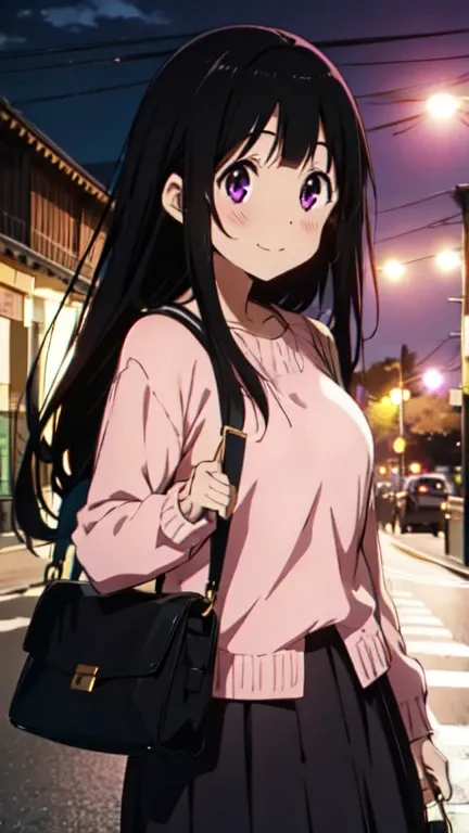 chitanda el,blush,a big smile,blonde sweater,black skirt,purple eyes,black hair color,long hair,pink shoulder bag,beautiful imag...