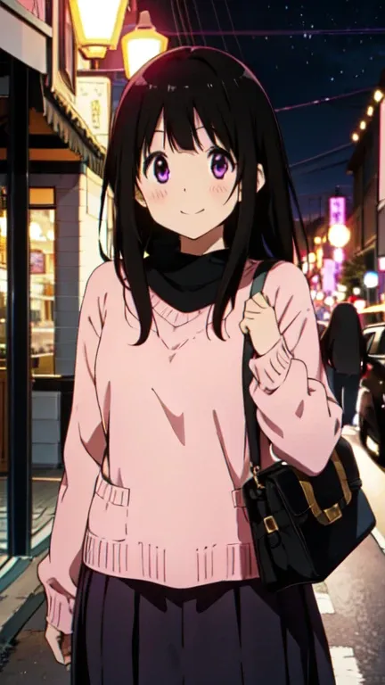 chitanda el,blush,a big smile,blonde sweater,black skirt,purple eyes,black hair color,long hair,pink shoulder bag,beautiful imag...