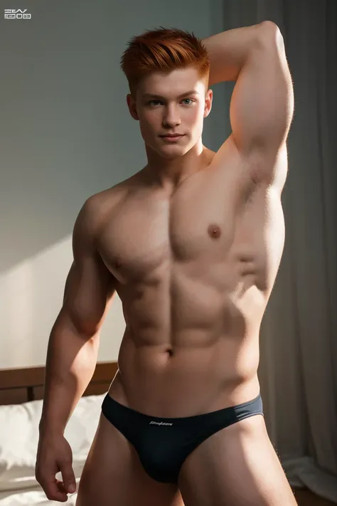 (best quality, masterpiece:1.2), ultra-detailed, (realistic, photo-realistic:1.37), 1 male model, albino skin color, red hair, his hair is straight and a little long, his face is hairless without beard, showing armpits, the model flexes his biceps and adop...