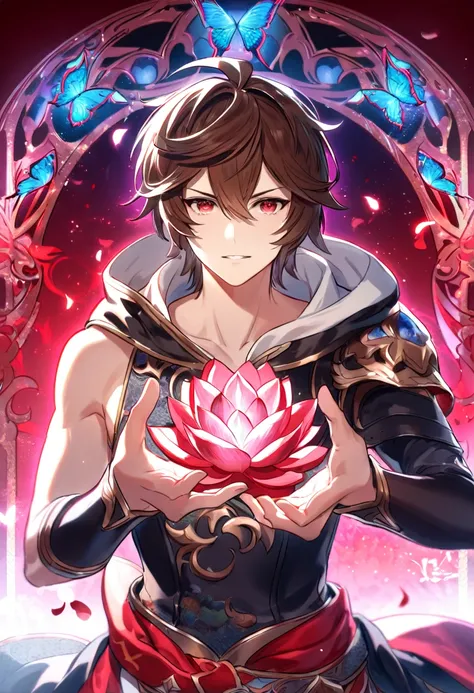 absurdres, highres, ultra detailed, HDR, master piece, best quality, Sandalphon, brown hair, expressive red eyes, granblue fantasy, solo, sexy man, handsome, patterns, magical, fantasy, red background, red lotus, shining, red petals, red sparkling butterfl...