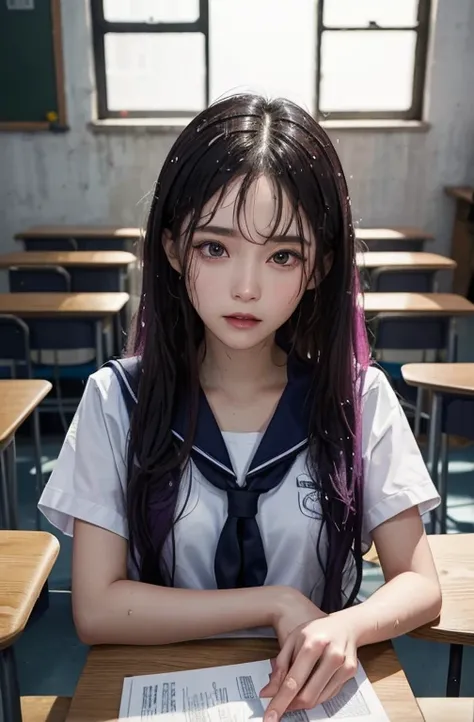 A man in a sailor suit、An 18-year-old young woman with long purple hair sits in a classroom (School 1.5 In the background) (Serious expression, Cold 1.5) (best quality: 1.1) (masterpiece: 1.3) with an unparalleled masterpiece, Surreal 8K, perfect work of a...