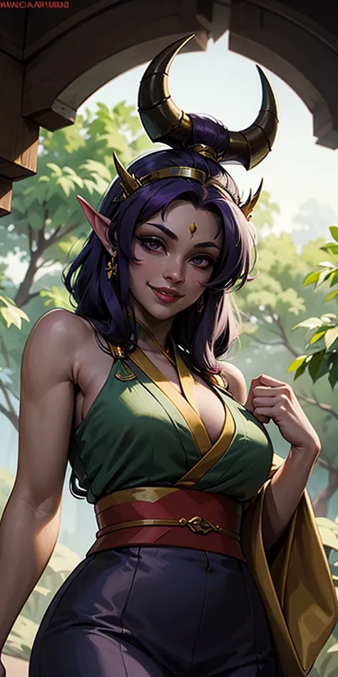 (masterpiece, best quality:1.2) from below intricate details, spirit blossom soraka, 1girl, purple skin, colored skin, single ho...