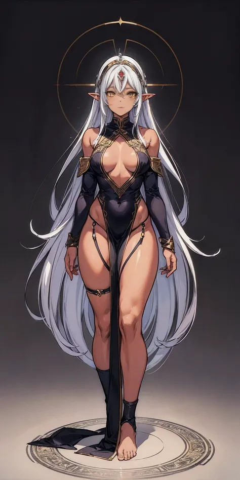 (Masterpiece, plain background:1.2) Female full body, standing straight symmetrical feet together, blood dark elf, dark skin, long messy white hair, 2longs elf ars, circlet, yellow eyes, 1990s (style), female 1sologirl