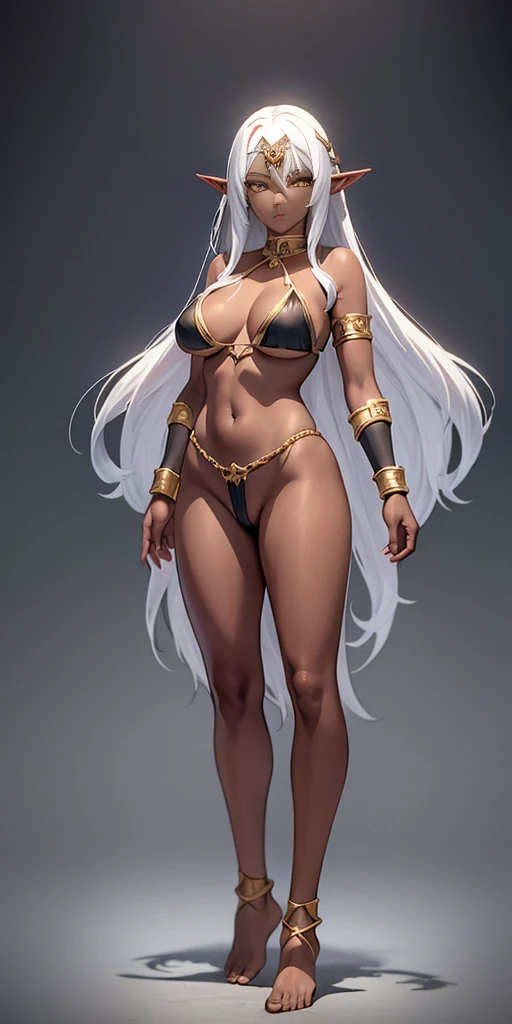 (Masterpiece, plain background:1.2) Female full body, standing straight symmetrical feet together, blood dark elf, dark skin, long messy white hair, short elf ears, circlet, yellow eyes, 1990s (style), female 1sologirl bikini, barefoot, bare handcuffs, sha...