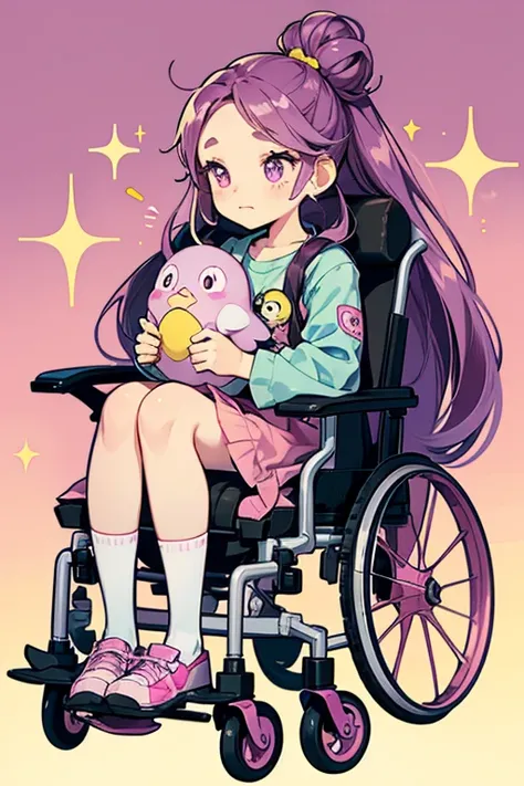 Birdlovetchi is a pink Tamagotchi with a body shape similar to Kuchipatchi. She has long purple hair that is tied up in a bun, beady eyes, and purple cheek highlights. She sits in a wheelchair and carries binoculars for birdwatching. SPARKLE; GLITTER