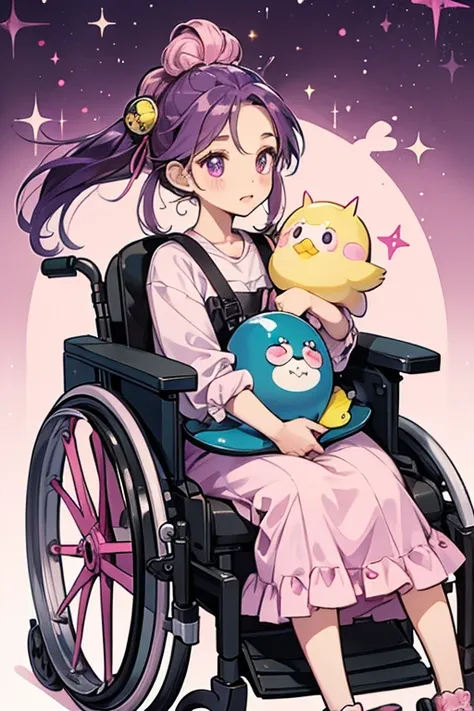 Birdlovetchi is a pink Tamagotchi with a body shape similar to Kuchipatchi. She has long purple hair that is tied up in a bun, beady eyes, and purple cheek highlights. She sits in a wheelchair and carries binoculars for birdwatching. SPARKLE; GLITTER