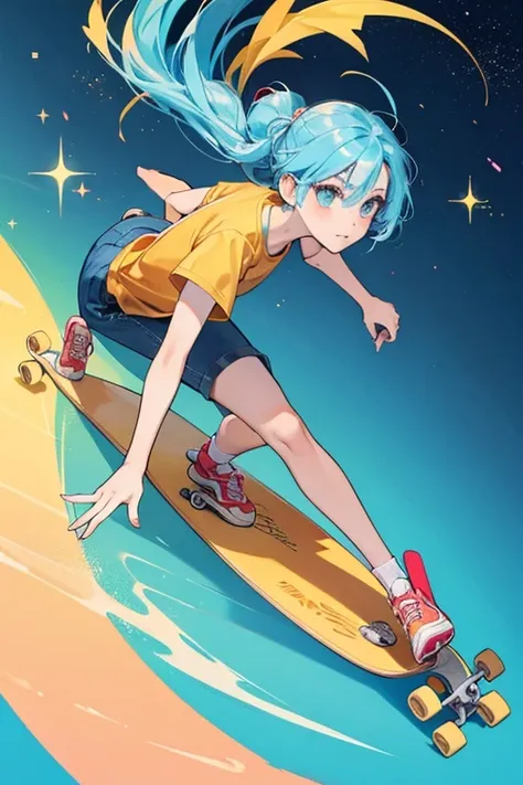 Boardtchi has peach colored skin and blue hair. she wears a yellow t-shirt and a red cap worn backwards. she is usually seen riding a skateboard, which is red with blue wheels. SPARKLE; GLITTER