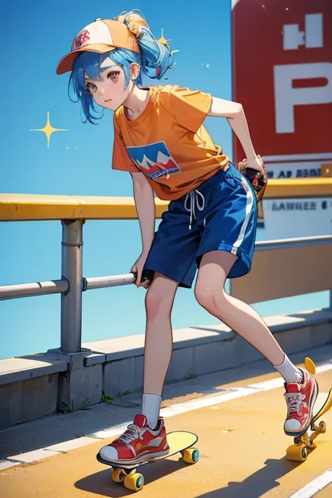 Boardtchi has peach colored skin and blue hair. she wears a yellow t-shirt and a red cap worn backwards. she is usually seen riding a skateboard, which is red with blue wheels. SPARKLE; GLITTER