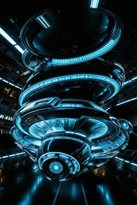 A colossal bioengineered spacecraft from the 32nd century pierces through swirling vortexes of hyperspace, its sleek, metallic hull glowing with an otherworldly aura. Hyper-realistic lighting illuminates intricate details: holographic displays flicker like...