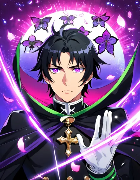 Ultra detailed, HDR, Highres, absurdres, master piece, Ichinose Guren, black hair, without bangs, expressive purple eyes, black cape, Owari No Seraph, black clothes, purple glittering butterflies, petals, fantasy, purple flowers, sexy man, solo, extremely ...