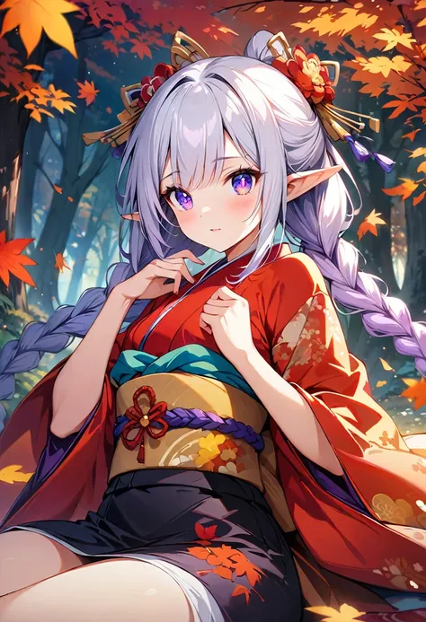 (Ultra-delicate CG Unity 8K wallpaper), (masterpiece), (best quality), 1 Girl, geisha, yinji, purple hair, purple eyes, long hair, white hair, double braids, gradient hair, kimono, star shaped pupils, +_+, Symbol shaped pupils, Bright Eyes, Elf, Pointed ea...