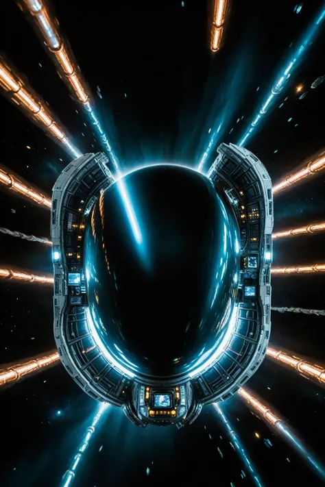 In a breathtaking, cinematic shot, a colossal bioengineered spacecraft from the 32nd century soars through swirling vortexes of hyperspace wormholes. The vessels sleek, metallic hull glows with bioluminescent accents, as holographic displays flicker to lif...