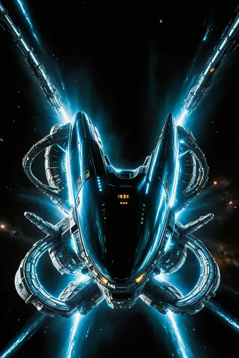 In a breathtaking, cinematic shot, a colossal bioengineered spacecraft from the 32nd century soars through swirling vortexes of hyperspace wormholes. The vessels sleek, metallic hull glows with bioluminescent accents, as holographic displays flicker to lif...