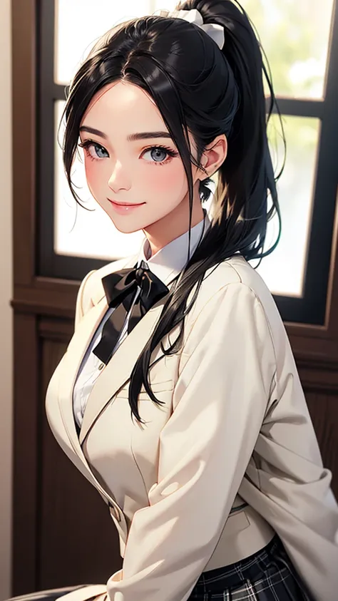 highest quality、Realistic、Women、zoom、cute、Grey Eyes、Black Hair、ponytail、ivory blazer、White blouse、Ribbon、Green checked pleated skirt、、Looking down、smile、Bust Shot、