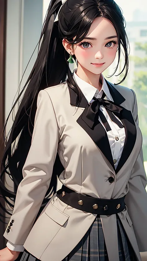 highest quality、Realistic、Women、zoom、cute、Grey Eyes、Black Hair、ponytail、ivory blazer、White blouse、Ribbon、Green checked pleated skirt、、Looking down、smile、Bust Shot、