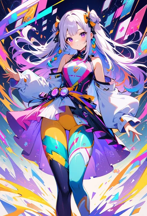 1 Girl, yinji, purple hair, purple eyes, long hair, white hair, double braids, gradient hair,Pictures showing the beauty of artificial intelligence, Includes symbols and circuits that overlap with impressively vibrant and attractive colors.