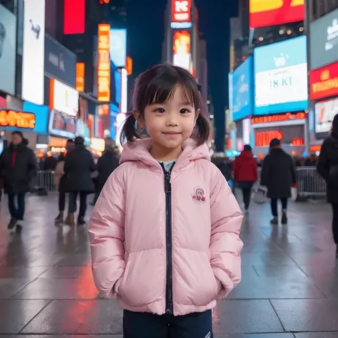 A beautiful three years old Asian girl with short pony hair is at newyork timesquare