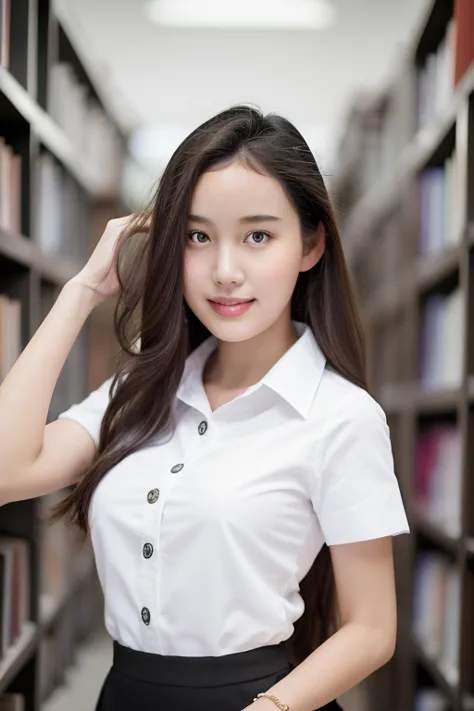 Beautiful student girl, good figure, beautiful face, attractive, has beautiful breasts, wearing a student uniform, white shirt, top and short black skirt, standing and choosing books, in the library.