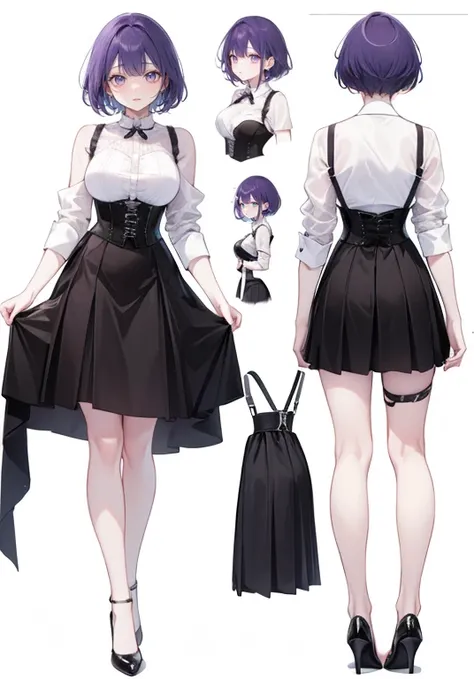 Purple Hair,Short cuts,short hair,Adult female,bartender,((Body Harness)),((Rolling up his sleevesＹshirt)),(corset),(skirt)),High heels,,((Simple White  Background)),smile,((Full Body)),((full body)),((whole body)),Character Sheet,upright,,Both arms hangin...