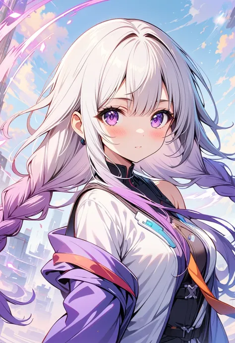 1 girl, yinji, purple hair, purple eyes, long hair, white hair, double braids, gradient hair,pictures showing the beauty of arti...