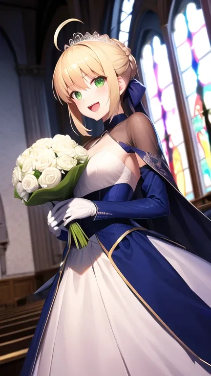 masterpiece, best quality, highres, ccsaber, blonde hair, green eyes, ahoge, wediing dress, bridal veil, white gloves, church, off shoulder, tiara, holding bouquet, smile, open mouth