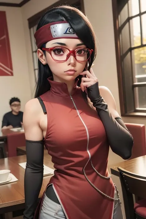 Sarada, Cabelo preto curto , olhos pretos, and with red glasses , nova com uma tez de pele clara , tem 18 anos , Esse ganho de peso , Parte superior do corpo , Seios gordinhos e gordinhos , Use uma roupa shinobi , It is in the dining hall of Shinobi Academ...