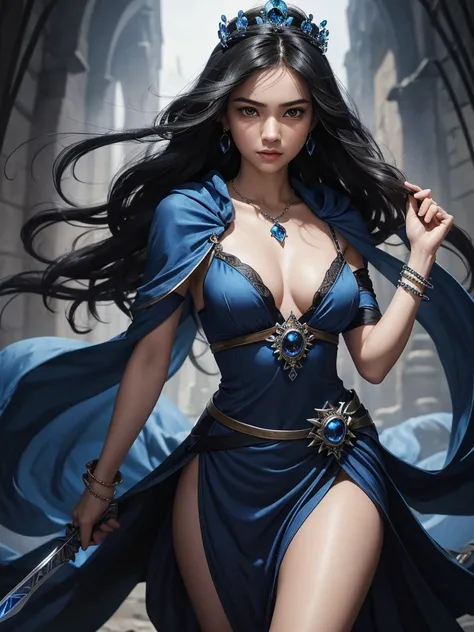 A blue princess in a fantasy setting with a black wavy hair. Wearing a sexy blue silky dress with cleavage. Blue Sapphire stone necklace. Crown. Bracelet. She is rather slim. Very small breasts. Small hips and long thin legs. White skin with. A narrow soft...