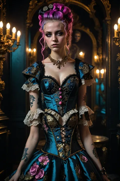 a beautiful girl in a rococo-punk style dress, exquisite detailed face with beautiful eyes, long eyelashes, elegant makeup, detailed intricate rococo-style dress with punk elements, highly detailed, 8k, photorealistic, masterpiece, cinematic lighting, vivi...