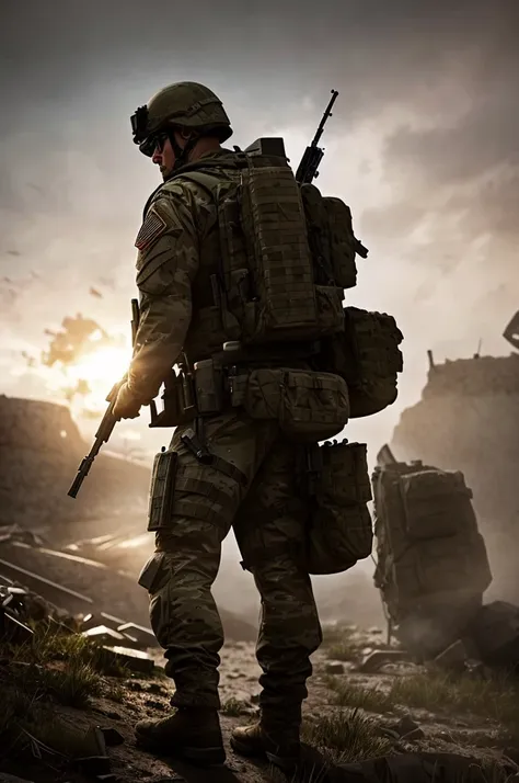 a modern soldier, looking back, with well-defined lines, rtx, high quality, call of duty style, unreal engine 5, highly detailed...